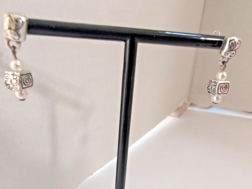 Brighton Pearl Scrolling Silver Cube Dangle Stud Ornate Detail Swirl Earrings